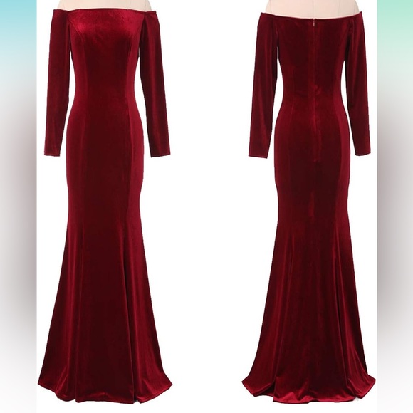 Beautiful Red off-the shoulder velvet dress - Picture 3 of 7